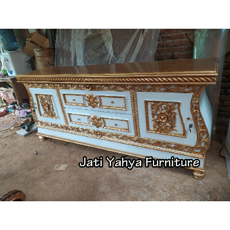 Buffet tv biola jati finishing duco kombinasi gold Jati Tua