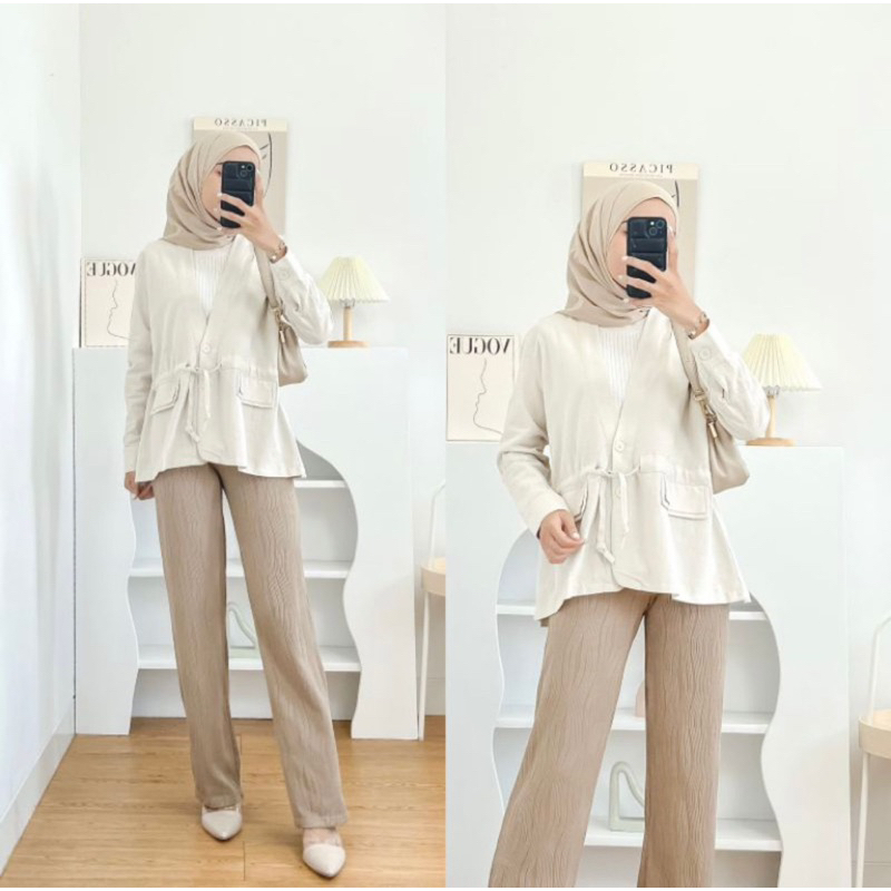 Tamstore Blazer Wanita Linen Aoki Outer Korean Style Kancing Depan Tali Serut