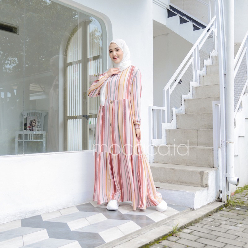 Gamis rumahan renda depan busui rayon premium - motif new salur jingga