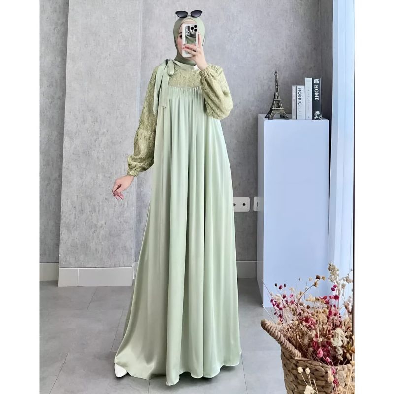 Eliza maxi dress lengan brukat // elika dress brukat // gamis satin velvet elika dress lengan brukat