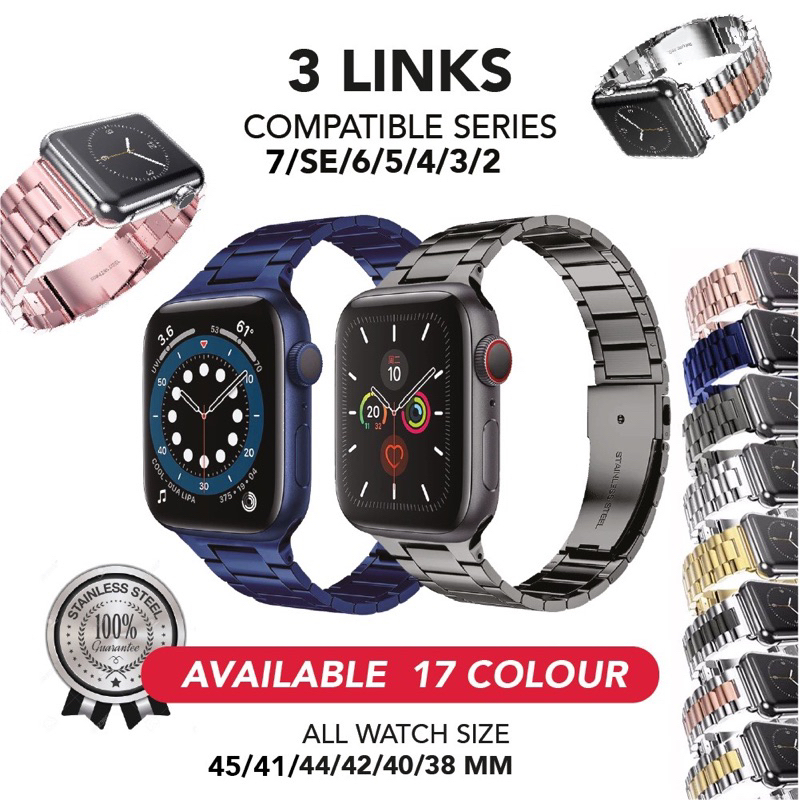 Strap 3LINK untuk Apple Watch IWO HW 38 40 42 44 41 45 49mm tali jam tangan rantai strap stainless steel 3 LINKS iwatch Series 1 2 3 4 5 6 SE 7 8 9 ULTRA