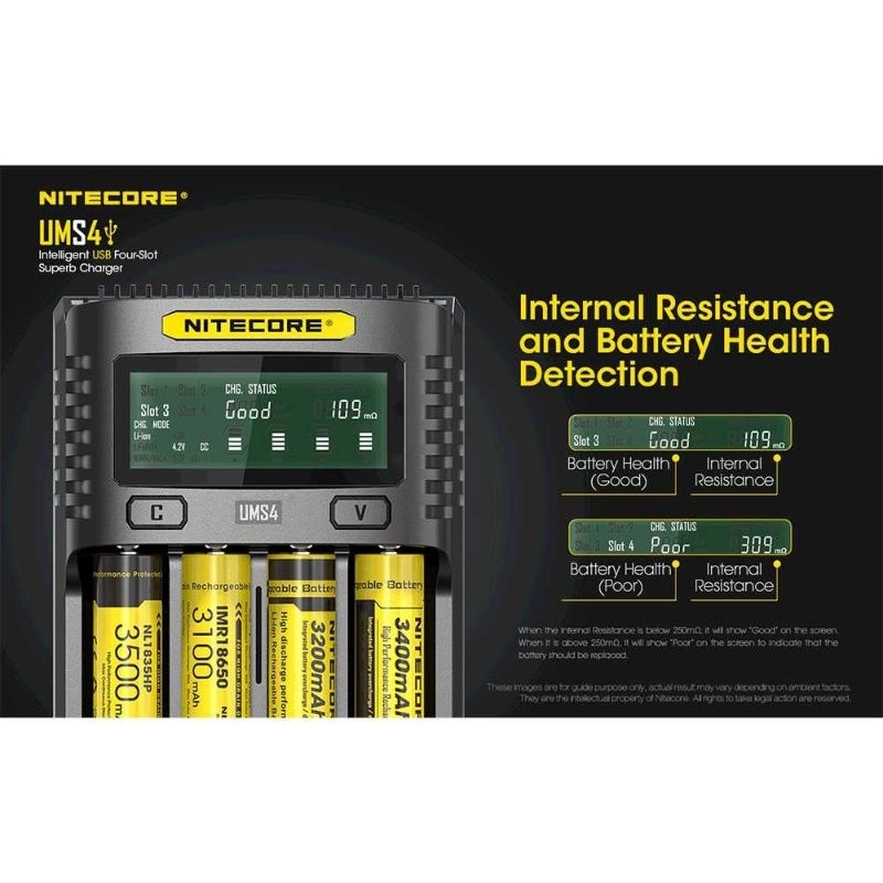 NITECORE Intelligent QC2 USB Charger Baterai 4 Slot Li-ion NiMH - UMS4 10440, 14500, 14650, 16500, 16340(RCR123), 16650, 17350, 17500, 17650, 17670, 17700, 18350, 18490, 18500, 18650, 18700, 20700, 21700, 22500, 22650, 25500, 26500, 26650, 26700 AA AAA