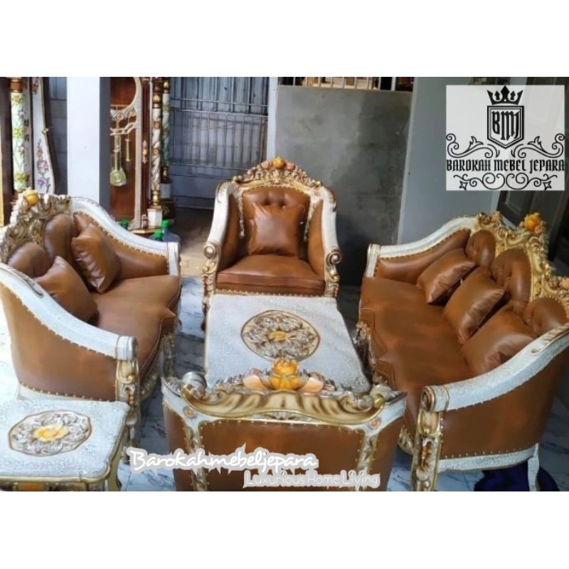 Sofa Jati Kursi Ruang Tamu ukir 3211 finishing marmer putih