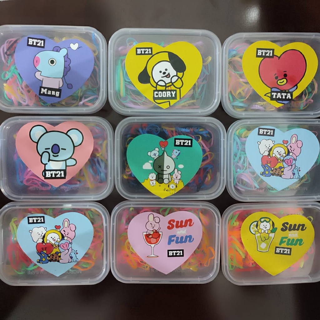 [KJ MINI] Karet Jepang / Karet Unyil / Ikat Rambut Anak Warna Warni FREE POUCH MINI / DOMPET RESLETING Zipper / Kotak Seri BT21 BTS