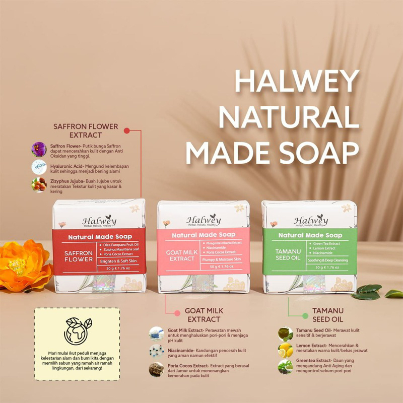 Halwey Natural Made Soap  | Sabun Organik safron tamanu | Sabun Batangan Halwey Skincare indonesia 50gr official shop