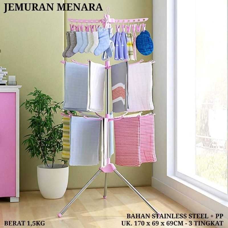 Jemuran Menara Berbahan Stainles Steel Tingkat 3 / Jemuran Bayi Stainles 3 Tingkat