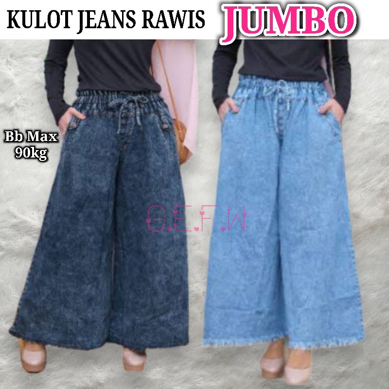 Celana Kulot Jeans Rawis Ukuran Jumbo Big Size Xxxl Xxl Lebar Samping Mayung Dari Bb 60kg Sampai Bb 90kg / Kulot Levis Panjang Rawis Bawah Sobek Pinggang Karet Warna Hitam Snow Biru Snow Bahan Denim Lembut Halus Tidak Luntur