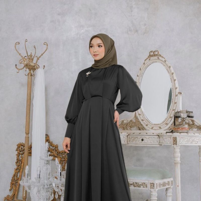 (NEW) AMIRA Dress - Baju Gamis Satin Maxmara Silk Dress Remaja Wanita Perempuan Ibu Muslim Muslimah 