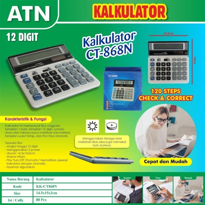 

Kalkulator / Mesin hitung ATN 12 DIGIT 512 868N 912 912S KK-812B MURAH