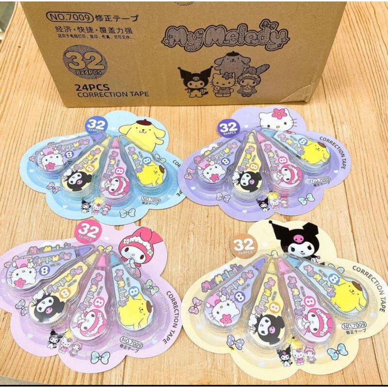 

4pcs / set Correction Tape / Tip Ex Kertas Motif Kartun Sanrio / Mymelody / Kuromi / Pompom Untuk Stationery Sekolah / Kantor