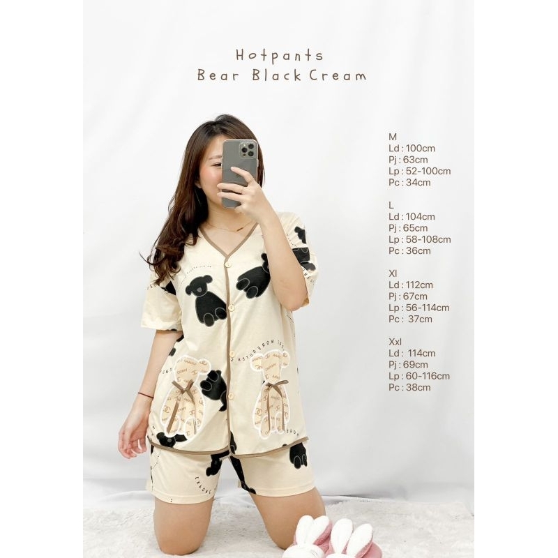 MDLV ~ Baju Tidur Hotpants Bear Black Cream Celana Pendek