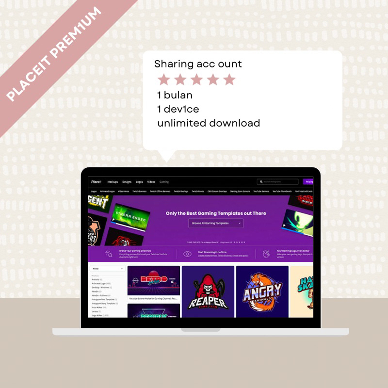 Placeit Premium 1 Bulan full termurah seindonesia raya pulsa 3 langsung kirim