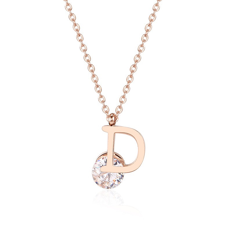 kalung huruf d cantik titanium asli rose gold diamonde