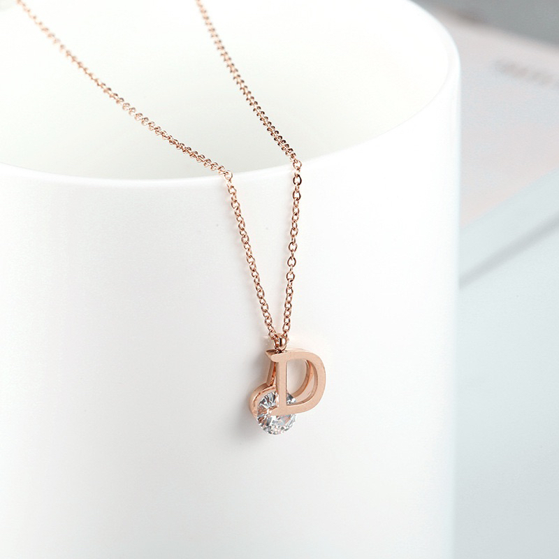 kalung huruf d cantik titanium asli rose gold diamonde