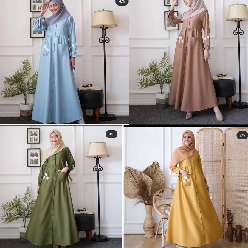 Gamis / Dress Toyobo Harian Lebaran Mustard Army Biru Mocca Jumbo Cantik Lucu Kekinian LD 120 130 14