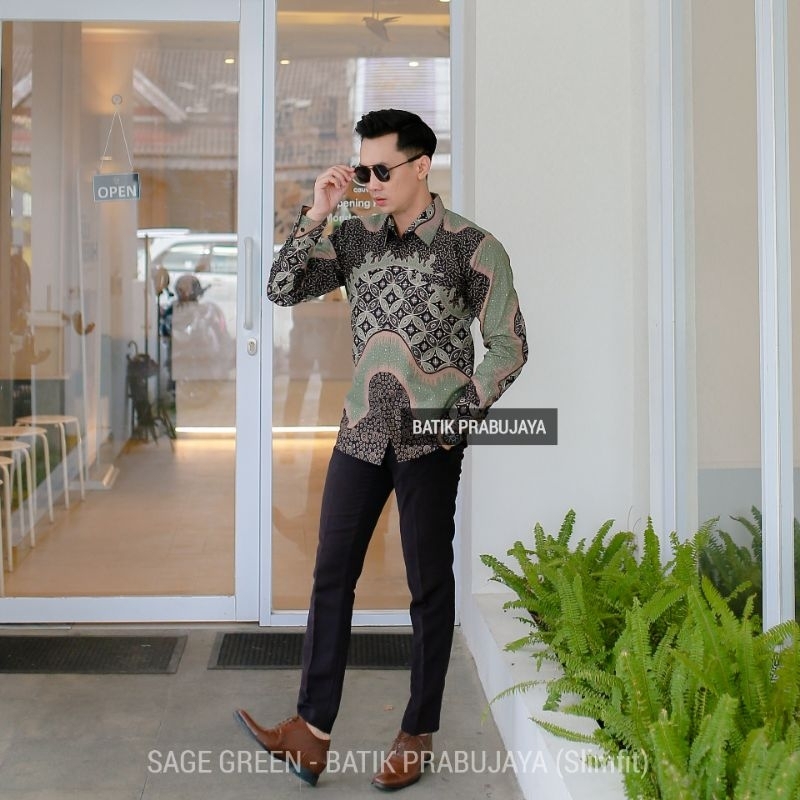 SAGE GREEN Kemeja Batik Pria Modern Slimfit Lengan Panjang Terbaru Hijau Sage - Baju Hem Batik Pria Cowok Kondangan Pesta Kerja