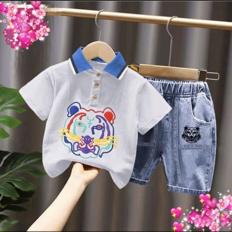 Promo setelan kaos krah celana jeans motif tiger usia 1-5 tahun baju anak pakaian anak setelan anak