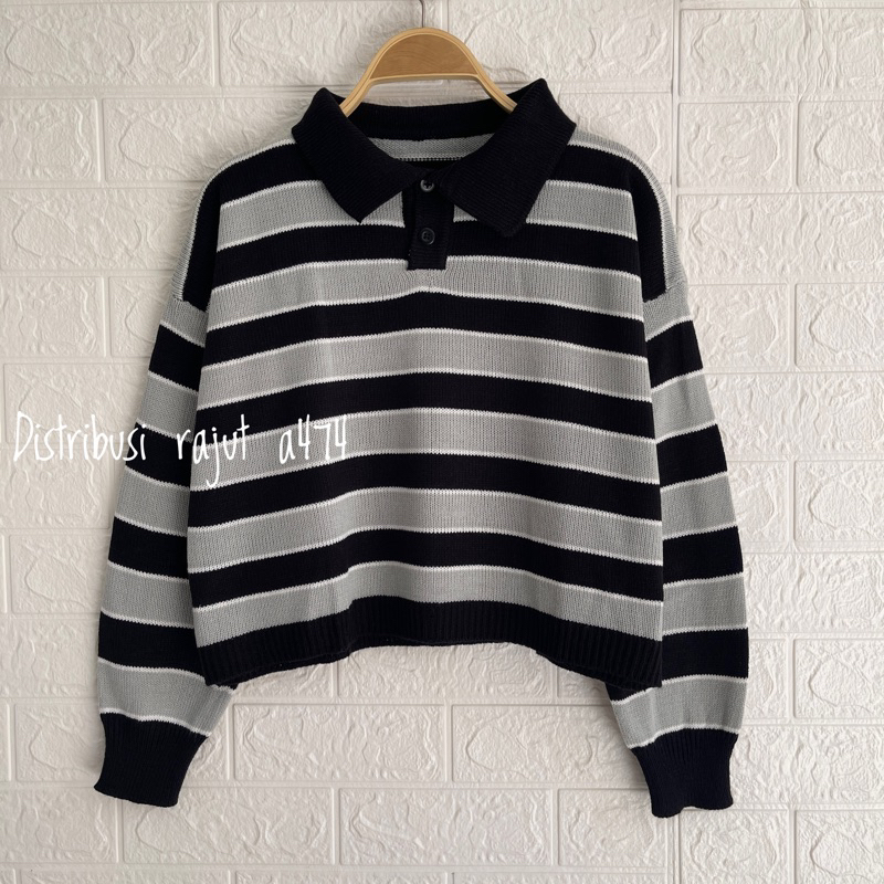 POLO SWEATER STARLA BLASTER BLOUSE STRIPPE LENGAN PANJANG-Asta hitam