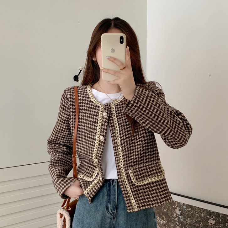 Jaket Wanita Terbaru Korean Style Lengan Panjang Kotak-kotak Kekinian Crop Cardigan Vintage Wanita