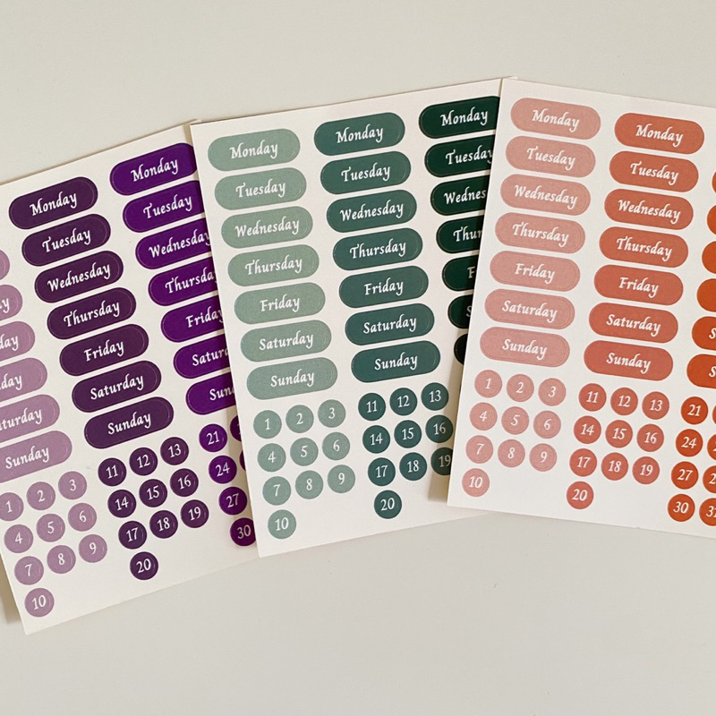 

[CLEARANCE SALE] Sticker Calendar/Daily Harian Tanggal Aesthetic Journaling Deco Planner Vinyl Doff Kiss Cut (Purple, Orange, Green)