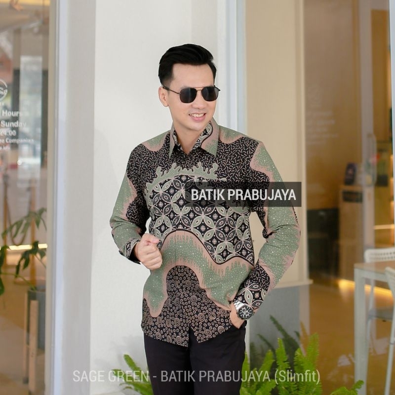 SAGE GREEN Kemeja Batik Pria Modern Slimfit Lengan Panjang Terbaru Hijau Sage - Baju Hem Batik Pria Cowok Kondangan Pesta Kerja