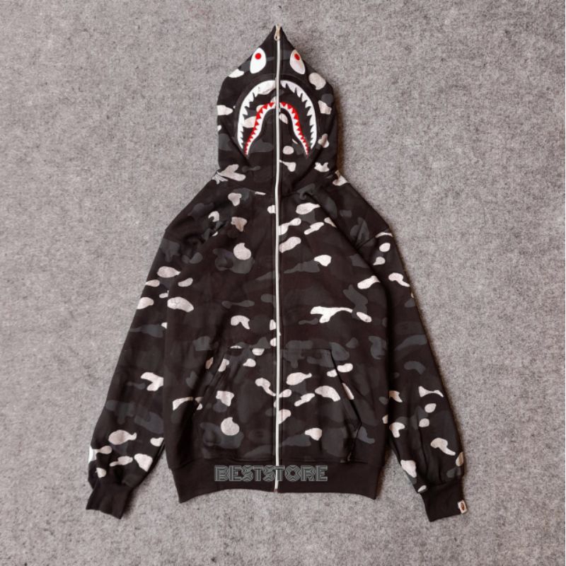 SWEATER HOODIE A BAPE SHARK WGM | JAKET BATHING APE CAMO GLOW IN THE DRAK FULLHANGTAH & LEBEL MIROR 