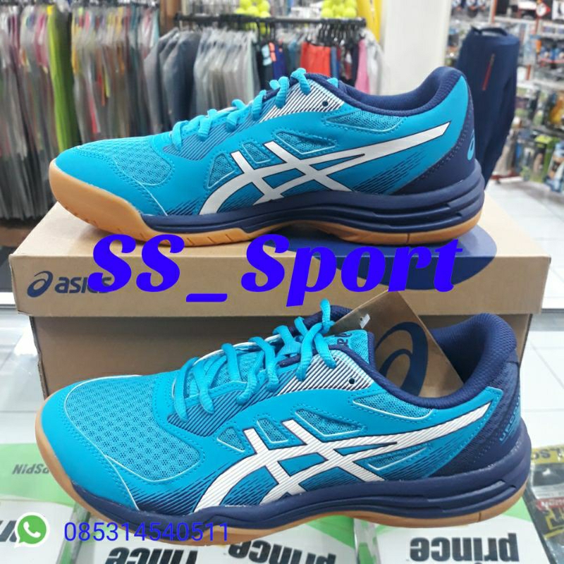 sepatu shoes badminton volley voli squash asics up court 5 original blue/white