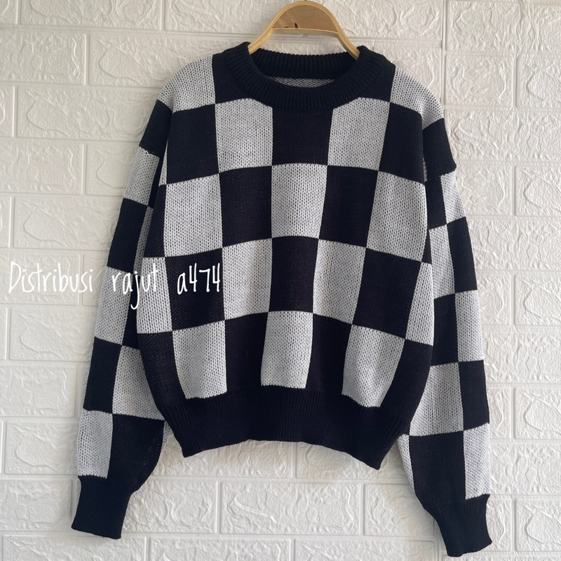 ANJANI BAJU ATASAN KNITWEAR SWEATER RAJUT KOTAK KOTAK OVERSIZE WANITA KOREAN STAYLE