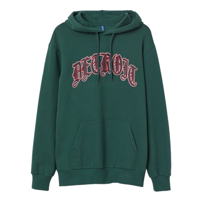 ( 8.8 ) Hoodie H&amp;M Unisex Sablon Destroit Green Hijau, Flecee Katun Lembut Tebal, Free Papperbag