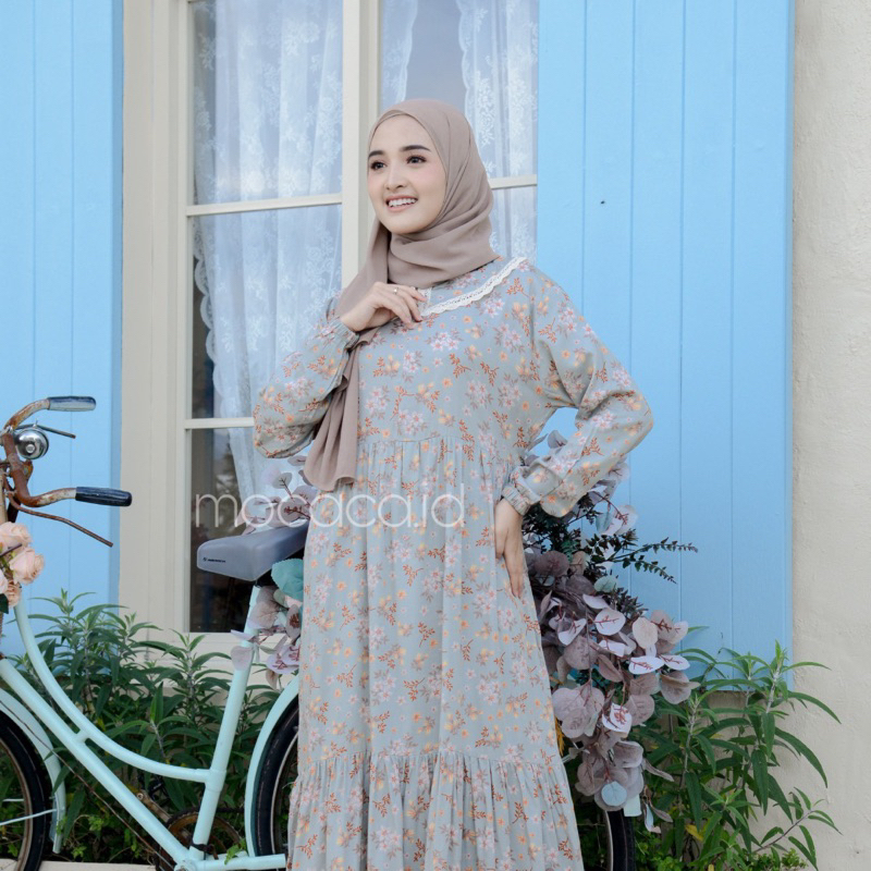 Gamis rumahan renda depan busui rayon premium - motif shabby green pastel