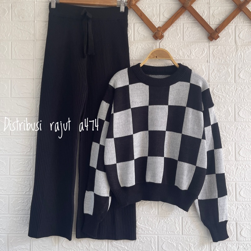 ONESET SWEATER KOTAK ARABELLE SETELAN CELANA KULOT RAJUT WANITA