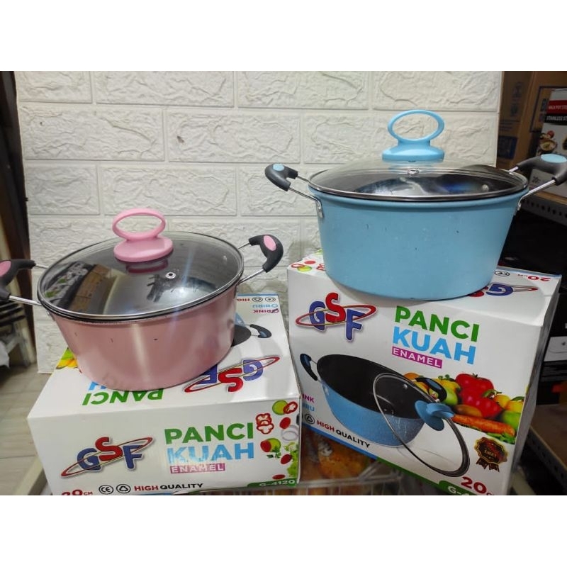 Panci Kuah Enamel Warna 20cm GSF Tutup Kaca Tebal