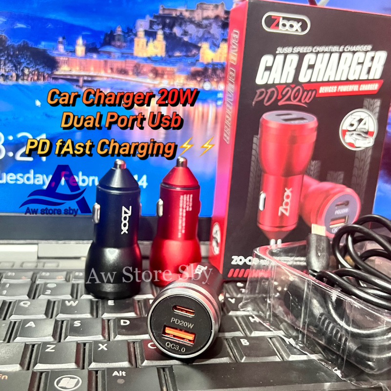 CAR CHARGER DUAL PORT USB SUPPORT PD FAST CHARGING 20W USB C CHARGER MOBIL QUICK CHARGE 3A