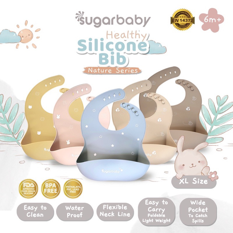 SUGAR BABY - HEALTHY SILICON BIB - Sugarbaby Dino and bunny Celemek Silikon Slabber Waterproof - Perlengkapan Mpasi Anak