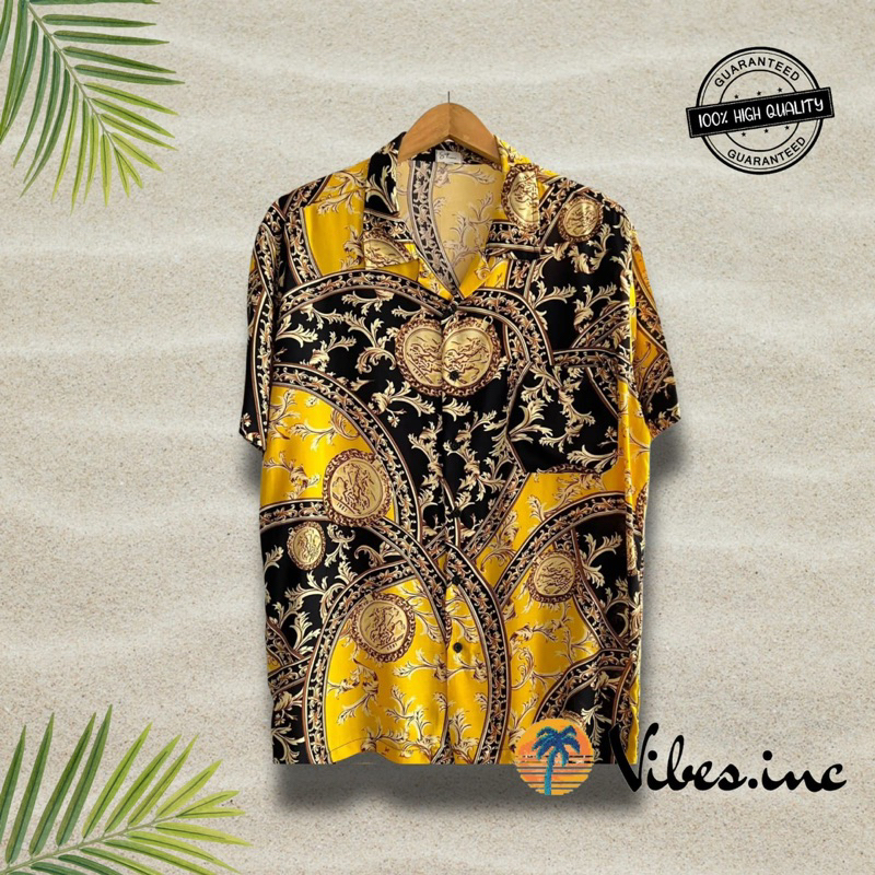 Kemeja Hawai Pantai Tropical Harian Pria Wanita Big Size Jumbo Motif Yellow Versace