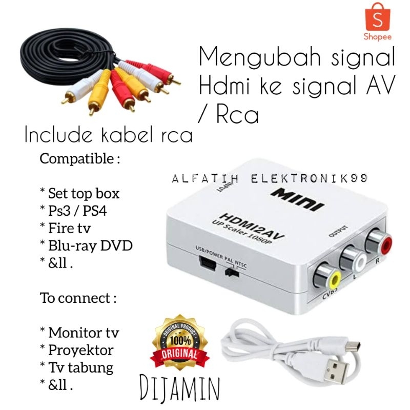 CONVERTER / KONVERTER HDMI TO RCA CONVERTER MINI HDMI2AV UNTUK TV TABUNG + KABEL RCA 3IN3 1.5 METER