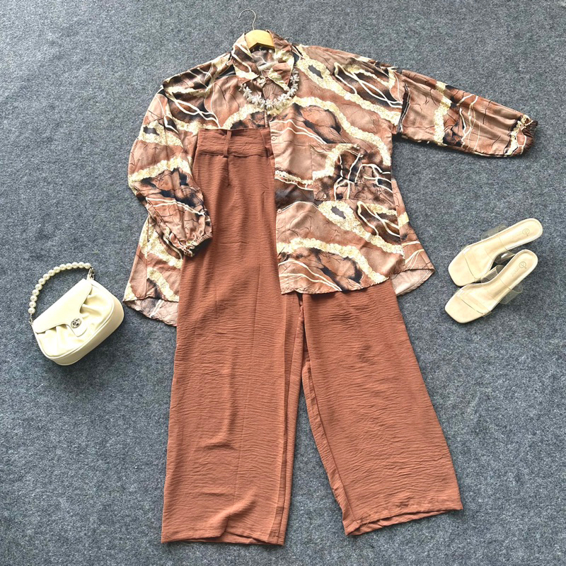 Bundling One Set Kemeja Oversize Rayon Motif + Cullote Crinkle Airflow Jumbo OOTD Fashion Remaja Dewasa Bestseller
