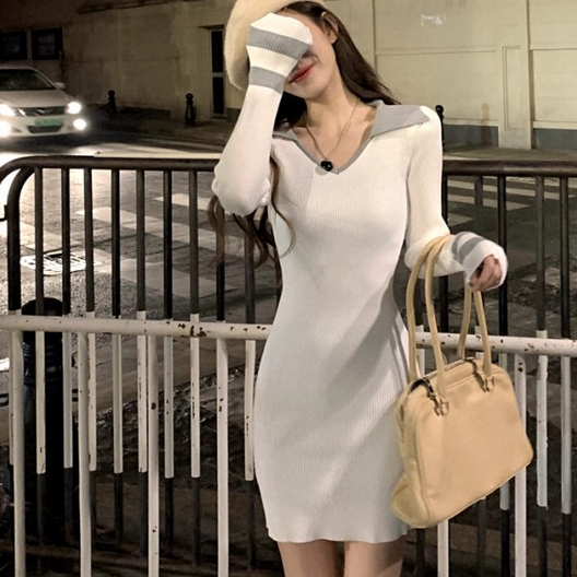 [Premium] Long Sleeve Mini Dress V Neck  Knit Dress  7540