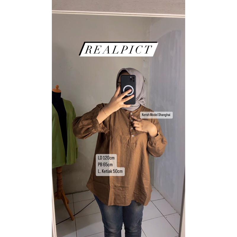 KEMEJA POLOS LINEN WANITA LD 120 KERAH SHANGHAI ATASAN BLOUSE SHIRT SANGHAI WANITA JUMBO KERJA OOTD KEKINIAN