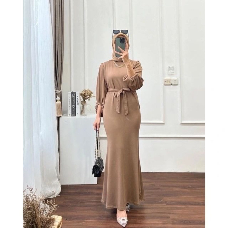 Tamstore Nadine Gamis Maxi Crinkle Long Dress Gaun Wanita Tali Pinggang