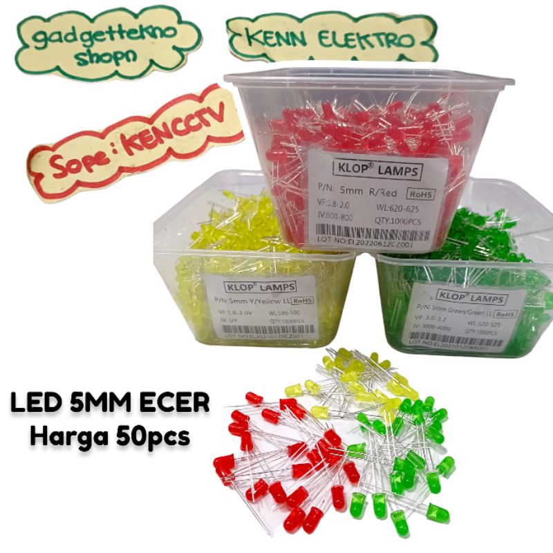 LED 5mm merah kuning hijau ecer (HARGA 50PCS)