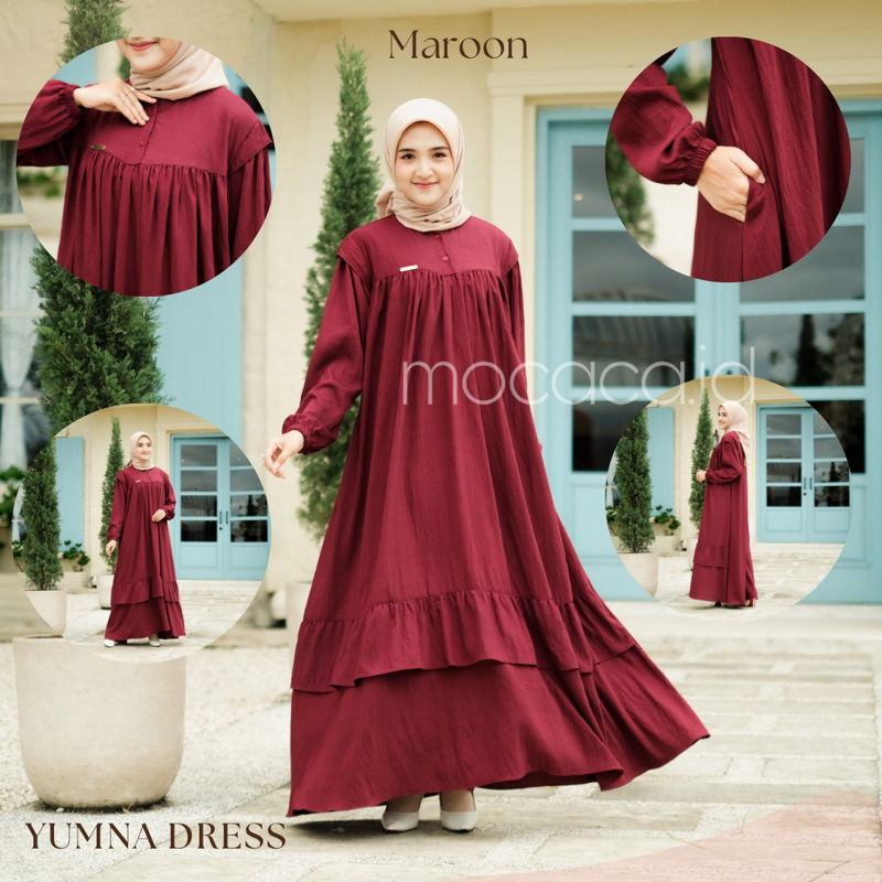 Gamis Lebaran Yumna Dress dari bahan Polo linen kancing busui friendly ada variasi remple di pundak dan rok saku lengan karet - merah hati maroon marun