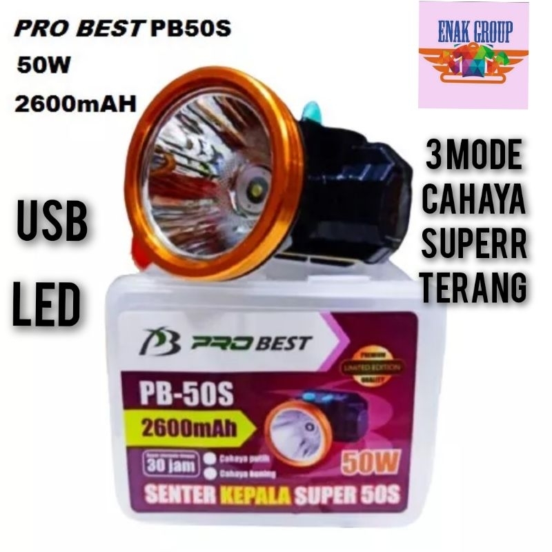 Senter Kepala Probest 50 Watt Cahaya Super Terang/USB Cahaya LED