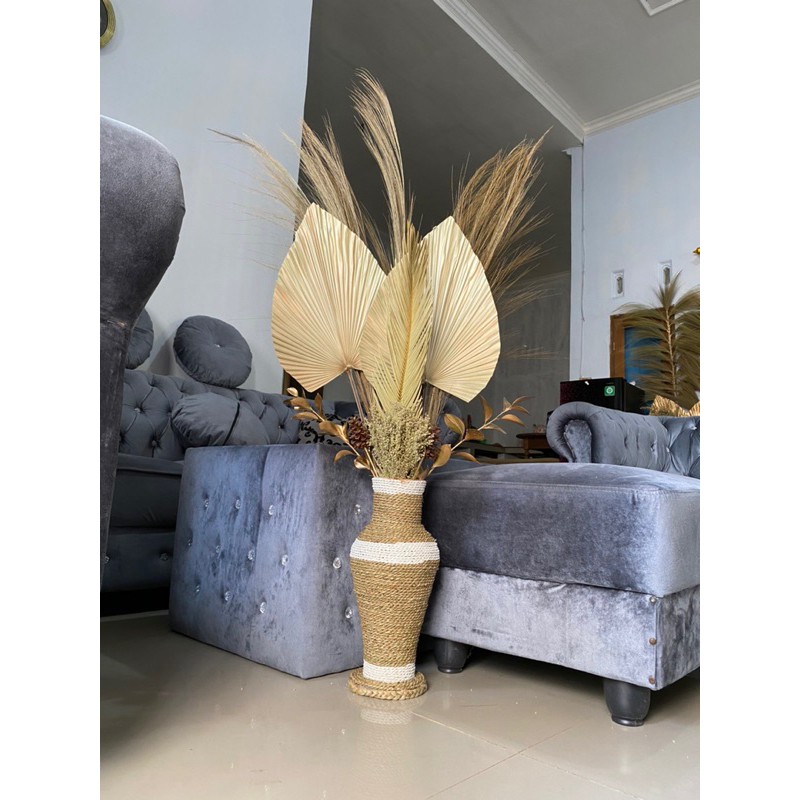 Paket Bunga dan Pot Guci / Daun Palem Kering / Bunga Kering / Dekorasi Rustic /Dekorasi Rumah