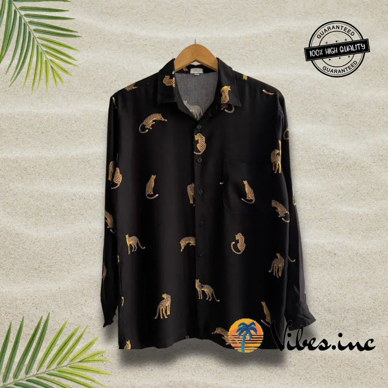Kemeja Hawai Pantai Tropical Harian Pria Wanita Big Size Jumbo Motif Black Leopard (Lengan Panjang)