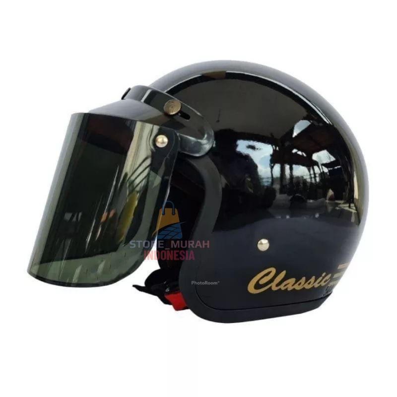 [ COD ] HELM BOGO CLASSIK GARIS TIGA KACA DATAR/CEMBUNG PACKING FREE BOX-HITAM GLOSSY