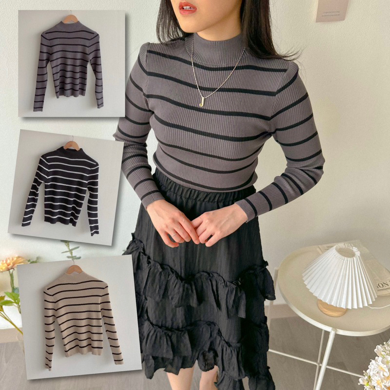 KANON - Yura Basic Knit Sweater - Sweater rajut turtleneck bodycon motif stripe