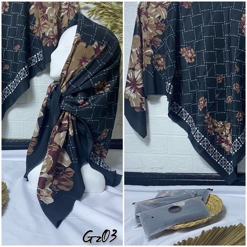 { Ghazlan } Jilbab Segi Empat Motif Casual Hitam Voal Premium Grade A 003