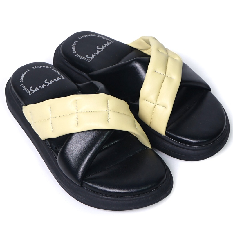 SARASARA YUK - NONNA Sandal Wanita Wedges Silang Tinggi 3cm Size 36 - 40 Casual Sendal Cewek Platform 37 38 39 untuk Jalan Pergi Santai Slop Warna Yellow Kuning Selop Premium Original Sara Sara Kekinian Terbaru Shoes ORI Mall Official Store