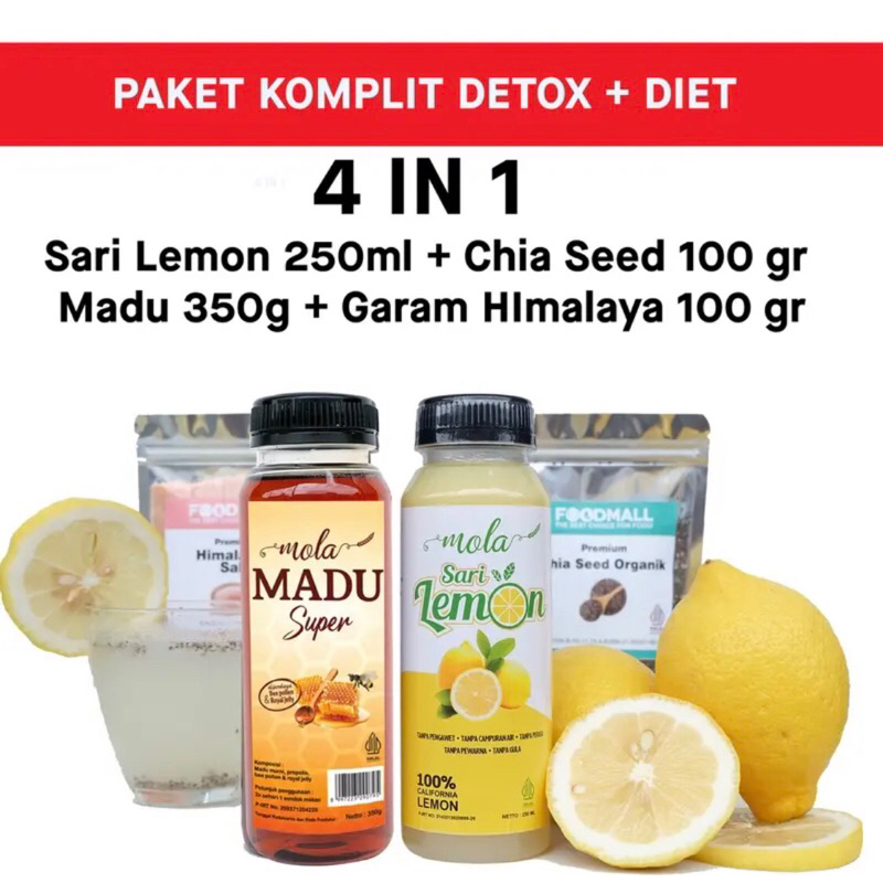 

Paket Komplit Detox & Diet 4 in 1 | Sari Lemon 250ml + Madu 350gr + Garam Himalaya 100gr + Chia Seed 100gr